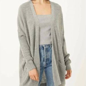 Stitches And Striped Women's Gray Open-Front Cardigan With Pockets Oversized